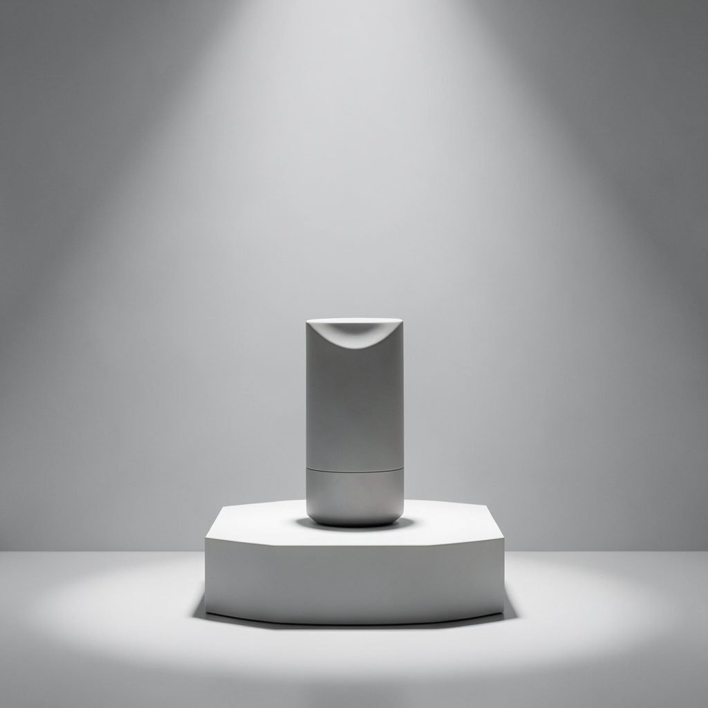 Minimalist window display with a single product on a clean plinth, soft grey backdrop, and precise spotlighting