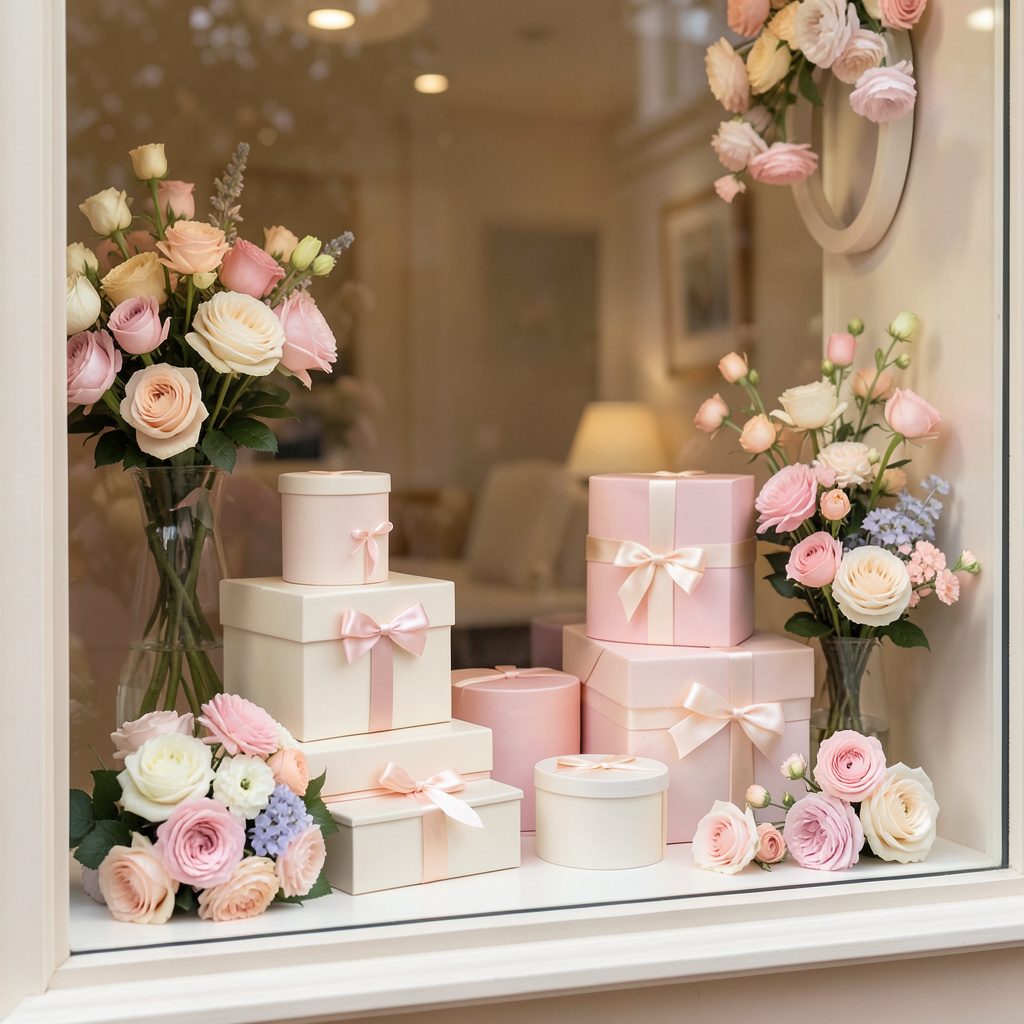 Mother's Day window display with pastel flowers, elegant gift boxes, and a warm nurturing color palette of soft pinks and creams