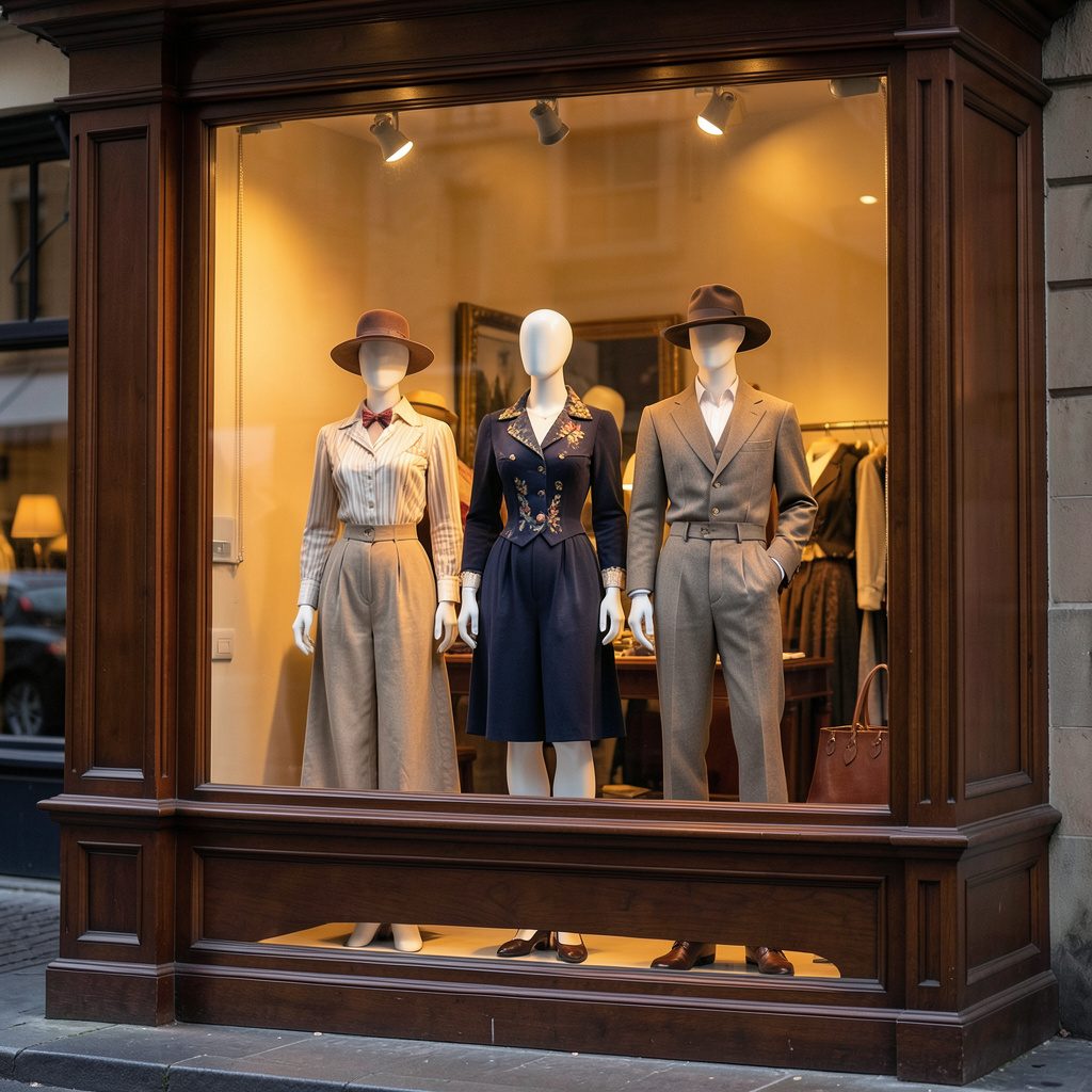 Elegant storefront window with mannequins dressed in classic American style clothing, warm amber lighting, and rich dark wood framing