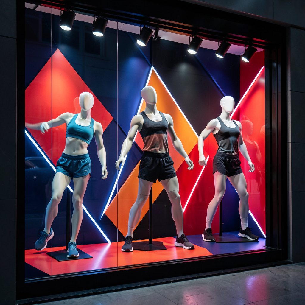 Dynamic sportswear window display with bold geometric shapes, high-contrast lighting, and mannequins in athletic poses