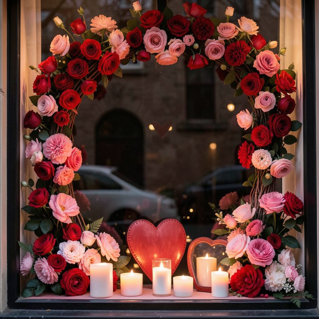 Romantic Valentine's Day window display with red and pink floral arrangements, heart-shaped props, and soft candle-like glow