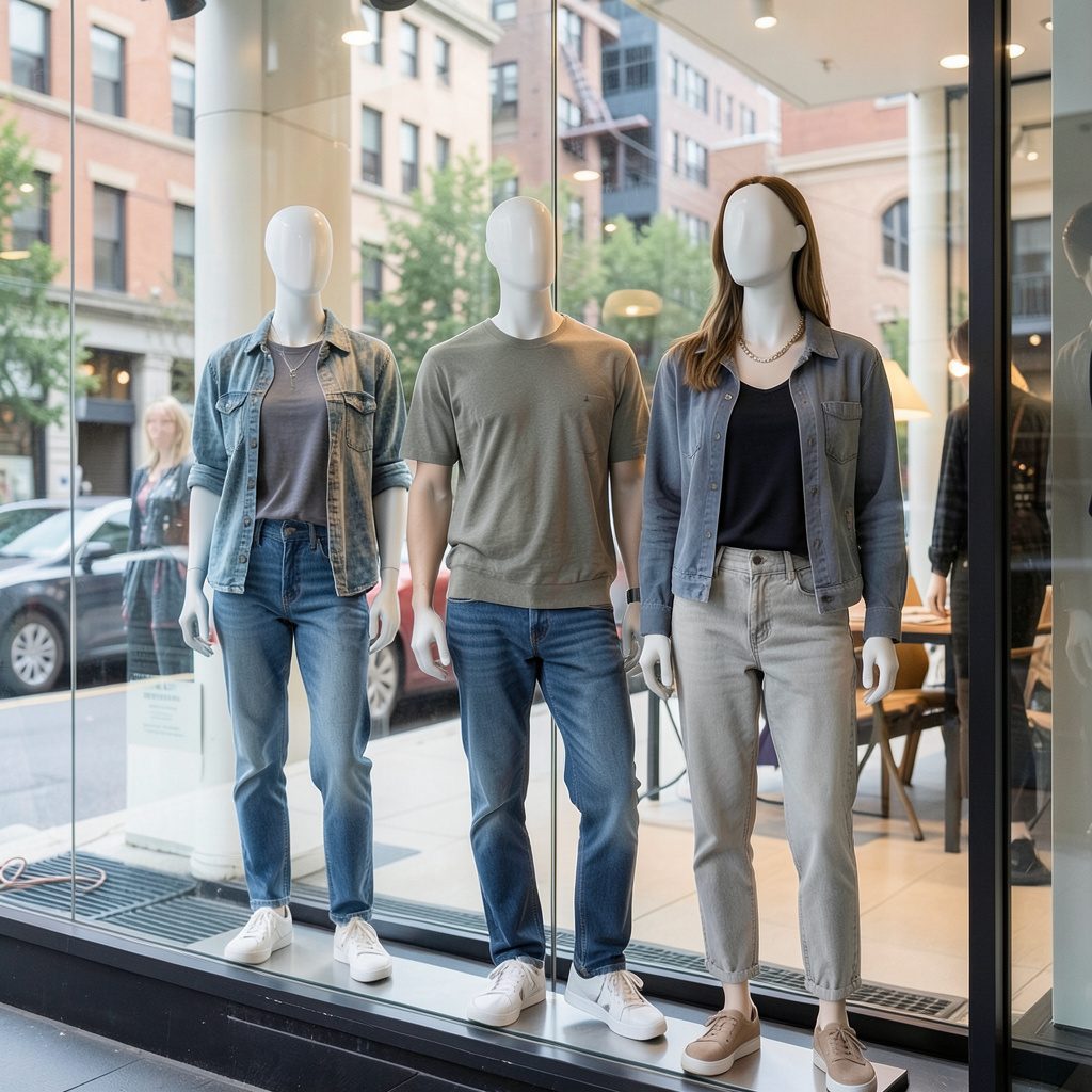Everyday window display with mannequins in casual attire, natural daylight simulation, and relatable urban backdrop