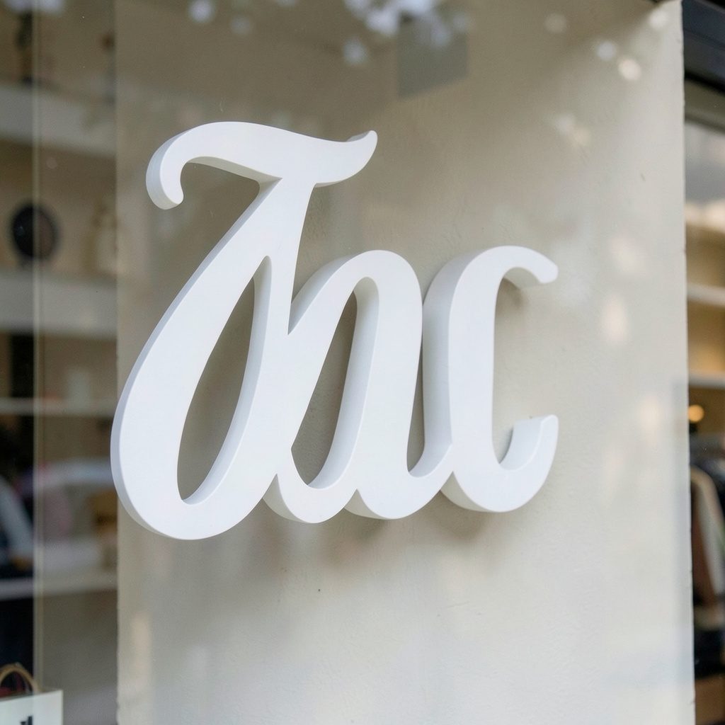 Close-up of a large decorative letterform inside a shop window, painted matte white with subtle shadow play against a neutral wall