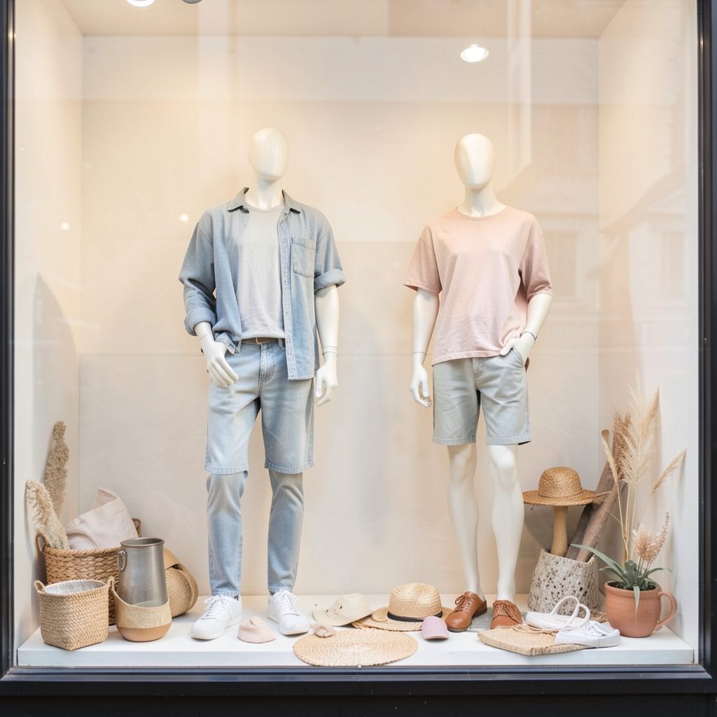 Casual lifestyle window display with relaxed mannequins, soft natural tones, and beach-inspired props against a light backdrop