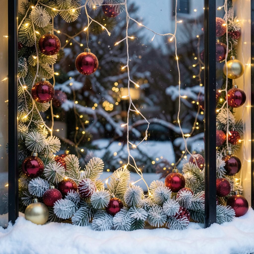 Christmas window display with twinkling fairy lights, frosted pine branches, deep red and gold ornaments, and a snowy backdrop
